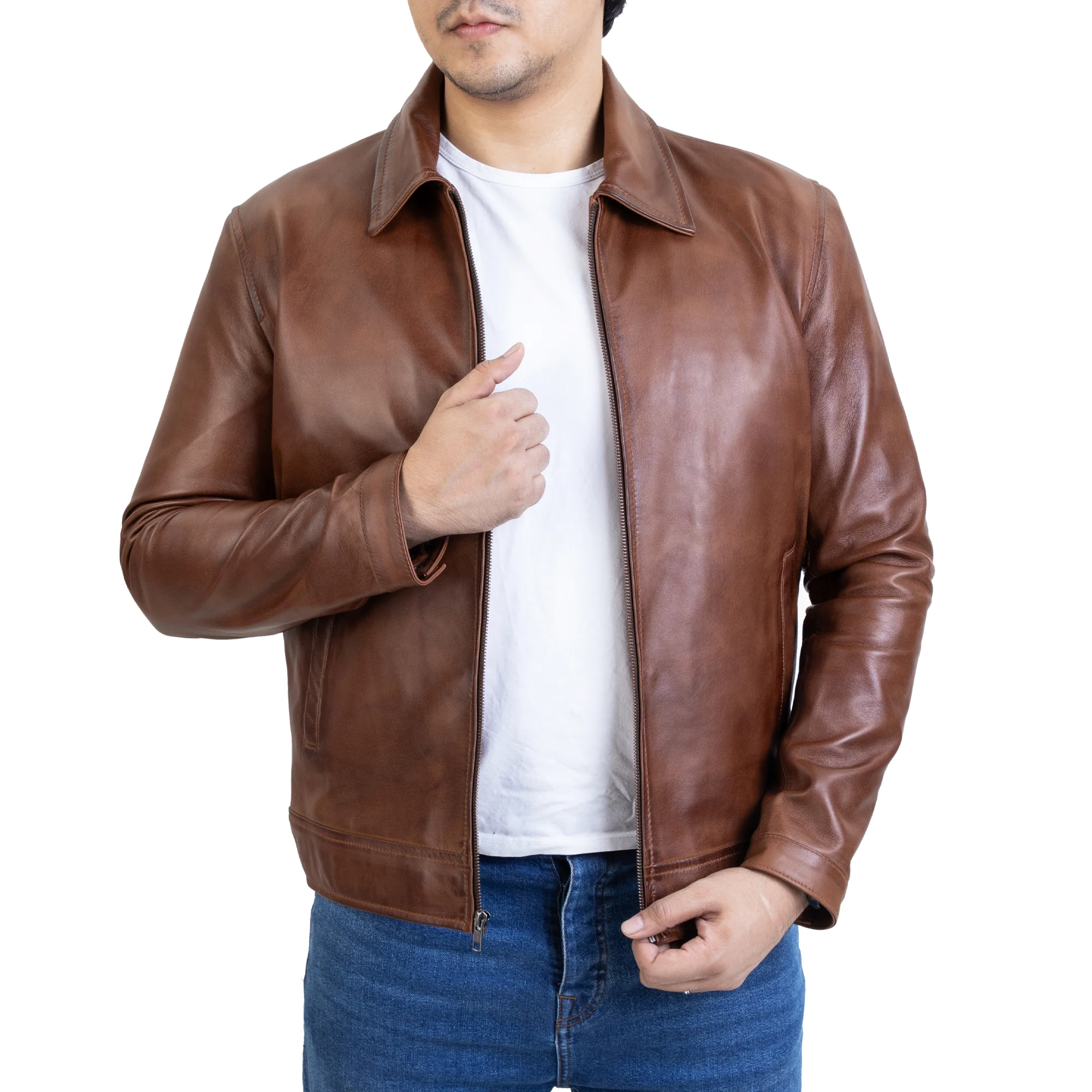 Men's Brown Harrington Collar Shirt Premium Leather Jacket